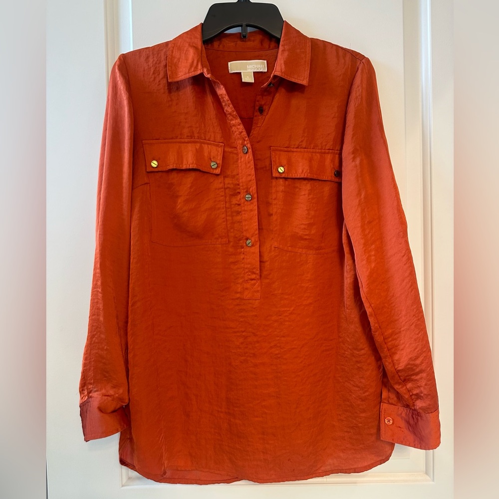 Michael Kors Orange Roll Tab Button Pullover Blouse